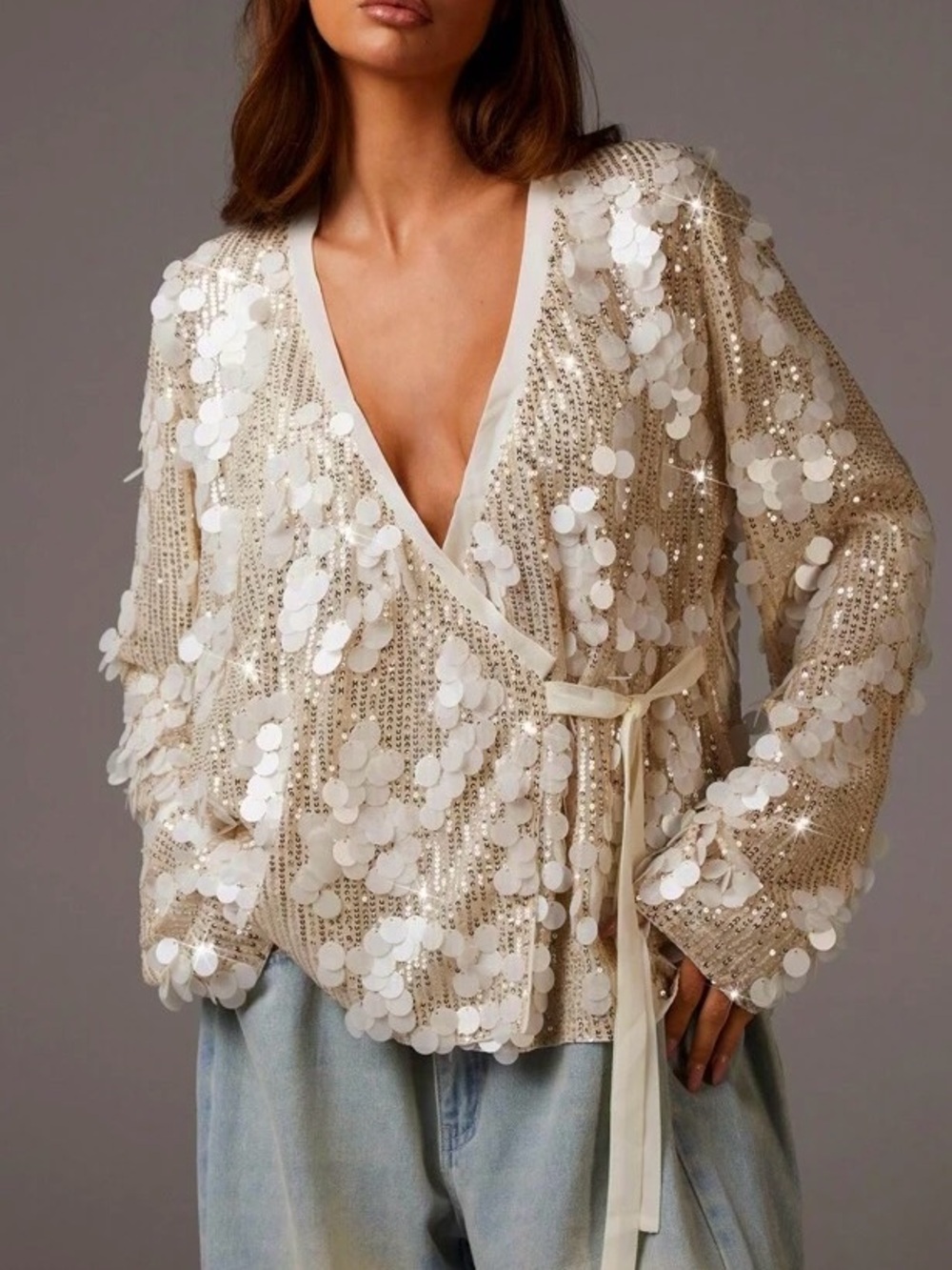 Lalavon Sequin Duster Kimono in Cream Size M